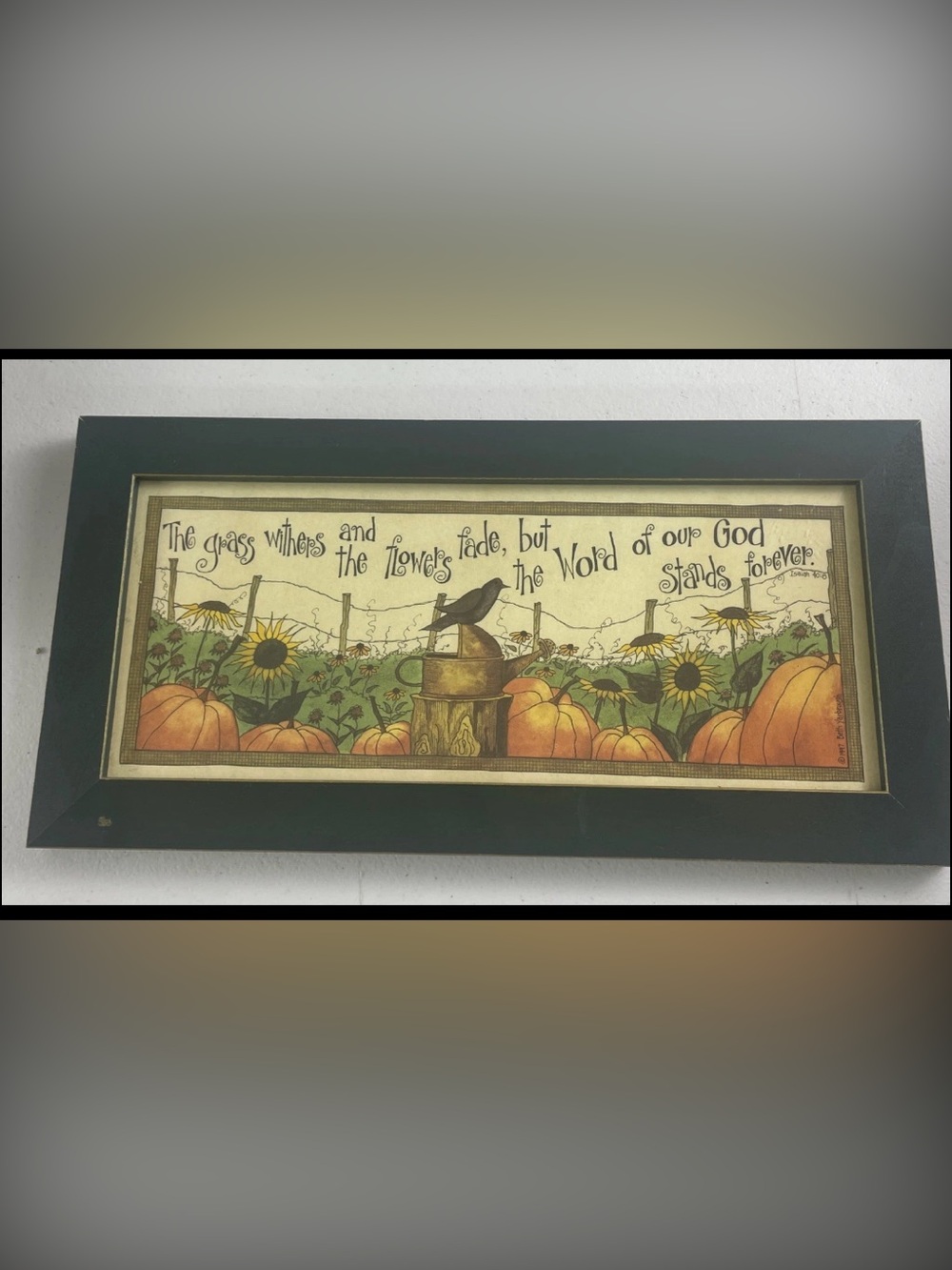 Vintage 1997 Beth Yarbrough Framed Art Isaiah 40:8 Pumpkin Sunflowers Fall Sign